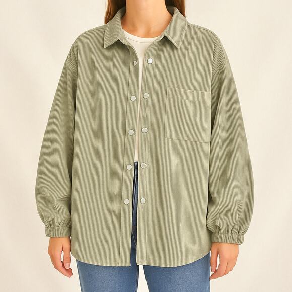 Oversized Corduroy Button Snaps Balloon Sleeves Earthy Minimalist Soft Sage XL - Picture 1 of 5